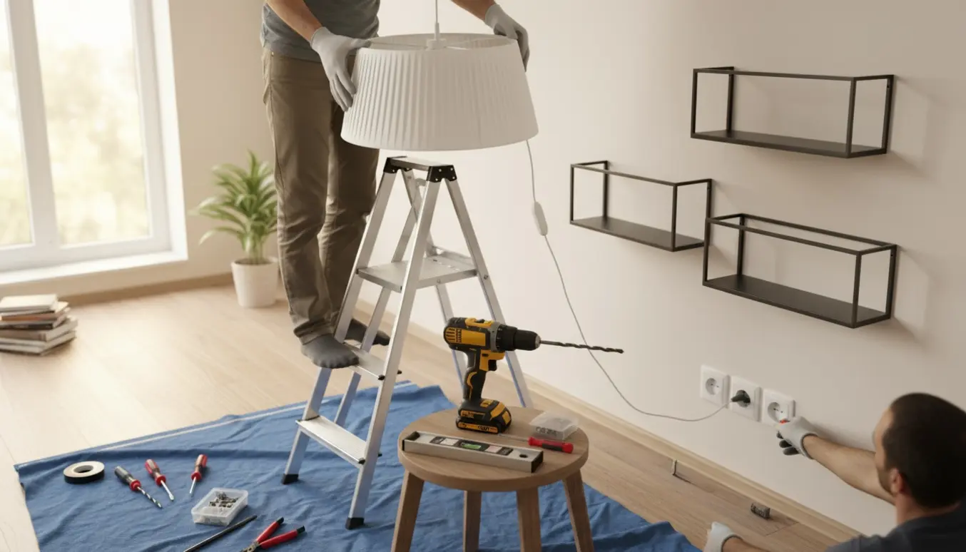 Hænder skifter lampeskærm og monterer små metalhylder med værktøj i en lys stue.