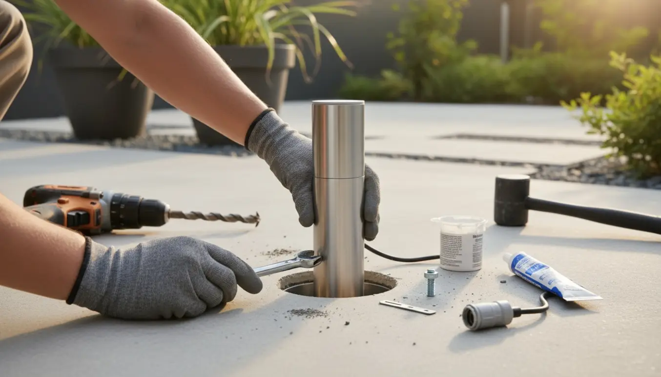 Nærbillede af montering af en moderne udendørslampe i beton med handsker og værktøj.