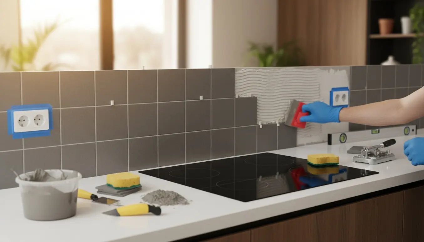 Hænder fuge små ensfarvede fliser som bagbeklædning over køkkenbordet ved kogepladen med værktøj og to afdækkede stikkontakter.