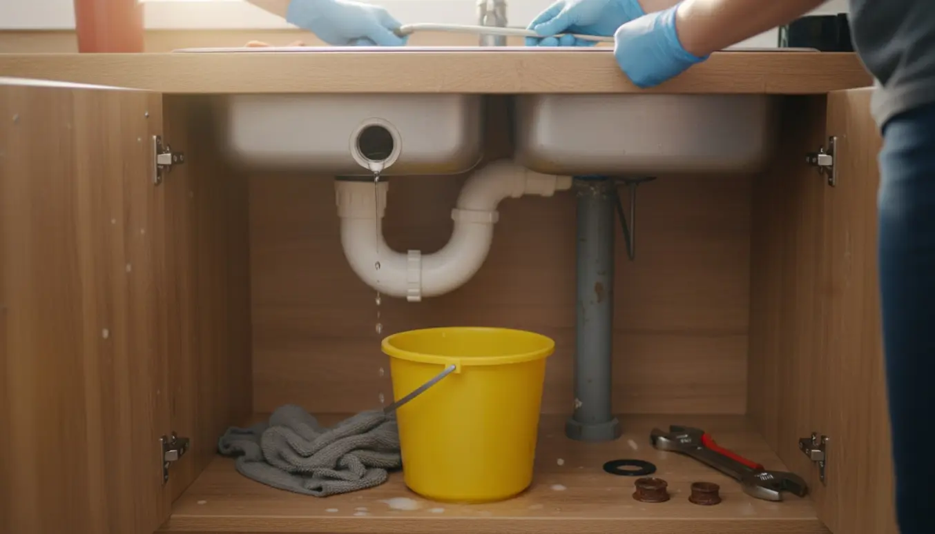 Hænder arbejder under en køkkenvask med udtaget vandlås og en afløbsslange, der fjerner en tilstoppelse og opsamler en læk ved bundventilen.