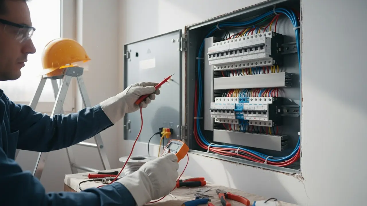 Elektriker arbejder med ledninger og måleudstyr i en boliginstallation