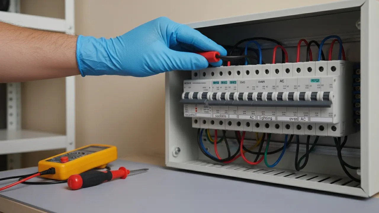 Hånd slukker hovedafbryderen i eltavlen med sikkerhedsudstyr synligt