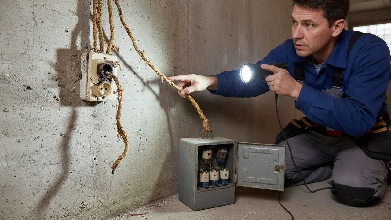 Gammelt ledningsnet med slidte kabler og misfarvet stikkontakt under inspektion