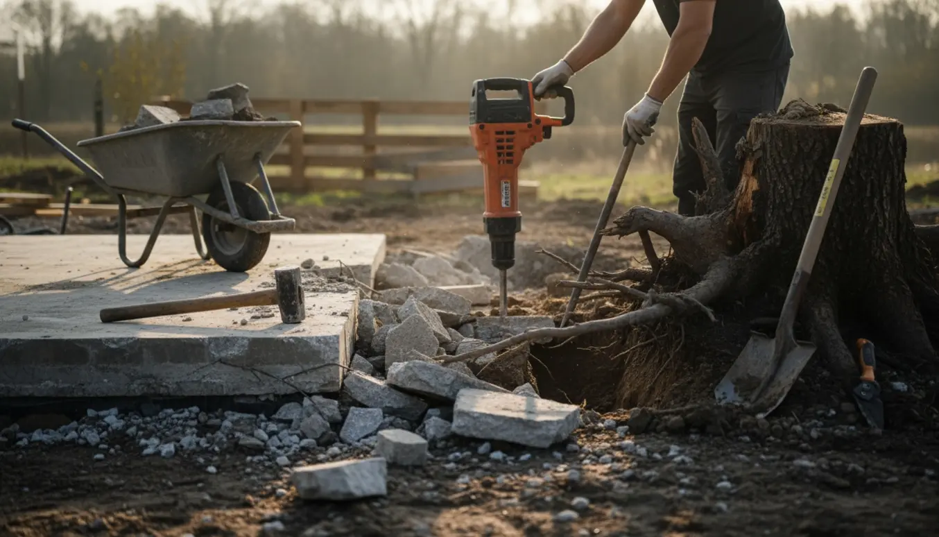 Nærbillede af nedrivning af gammelt betonfundament med betonstumper, værktøj og fjernelse af en træstub.