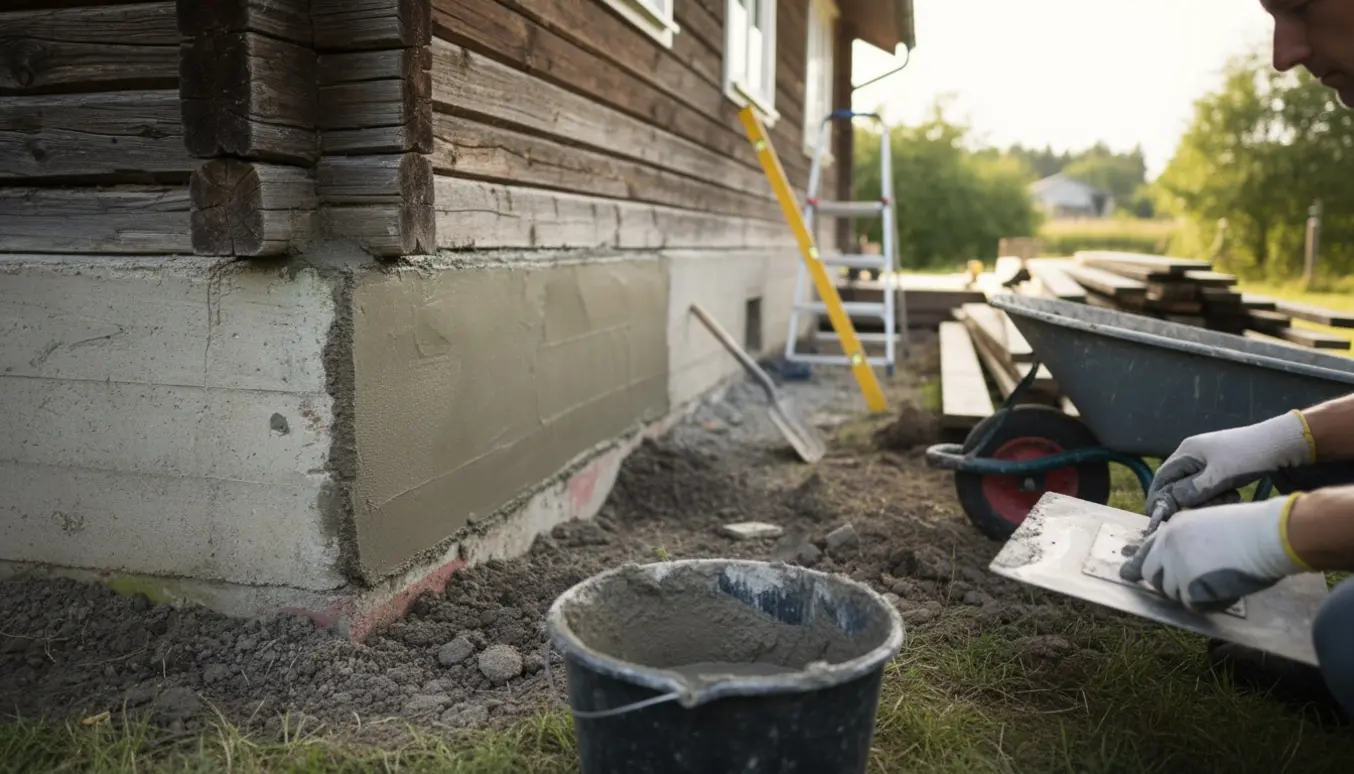 Sokkel på et sommerhus under pudsning med våd mørtel, værktøj og fjernet terrasse.