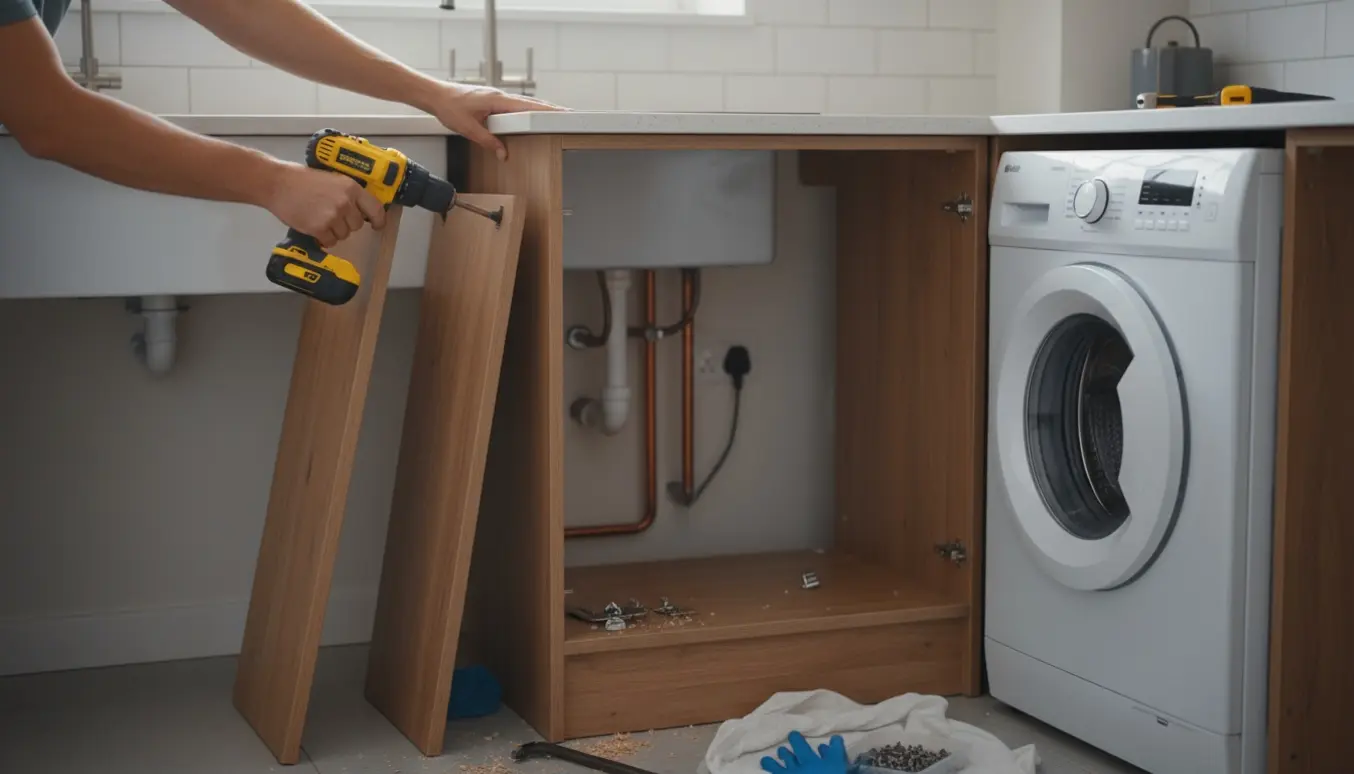 Hænder fjerner et køkkenskab for at gøre plads til en vaskemaskine med værktøj og blottede rør synlige.