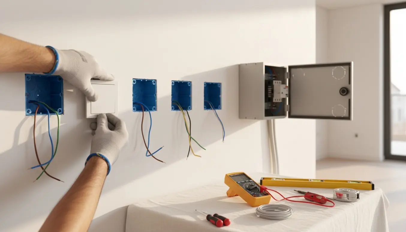 Elektriker monterer nye stikkontakter og relæ med synlige ledninger og værktøj.