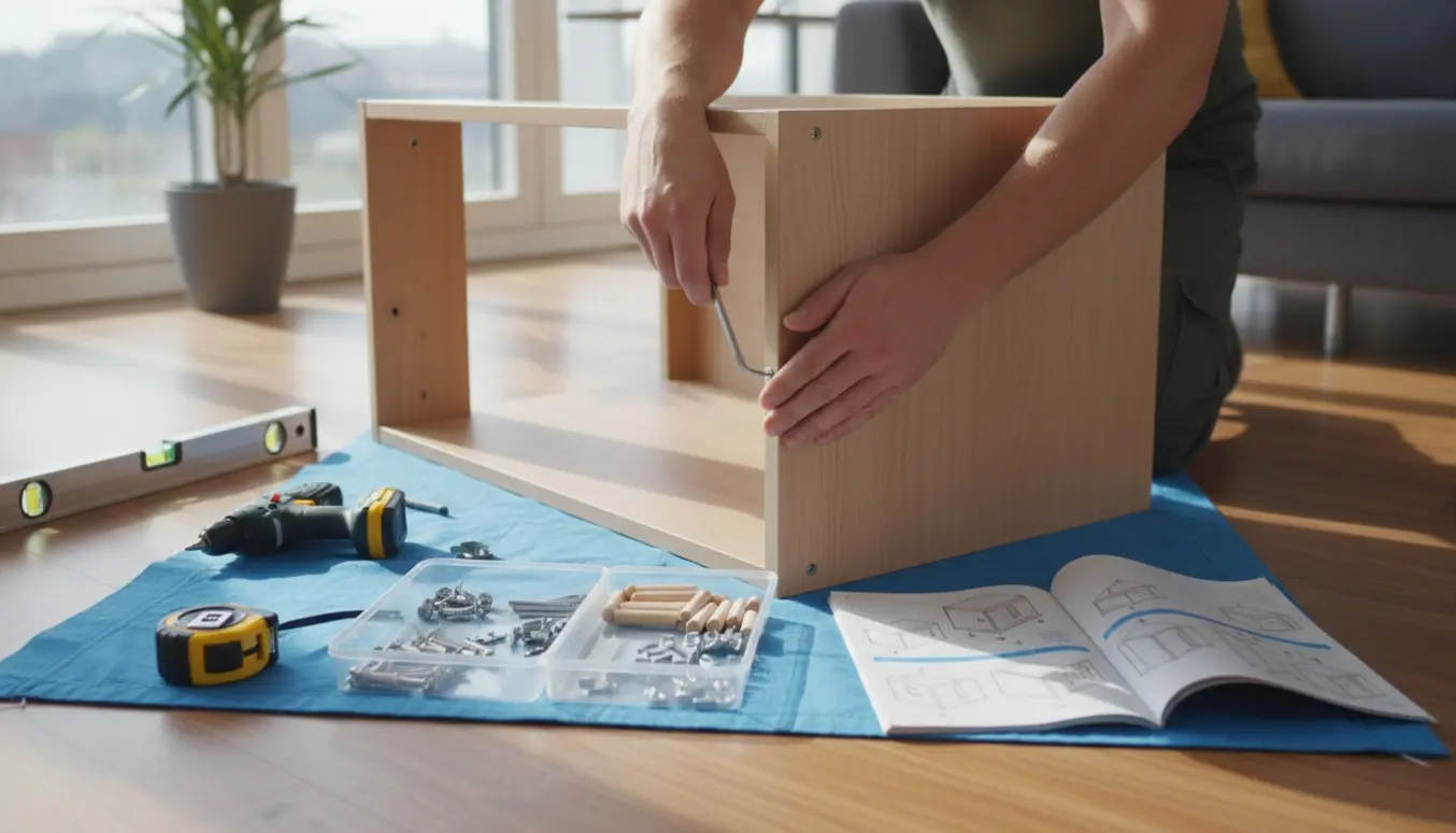 Delvist samlet Ikea-skab på trægulv med værktøj og hænder, der strammer beslag.