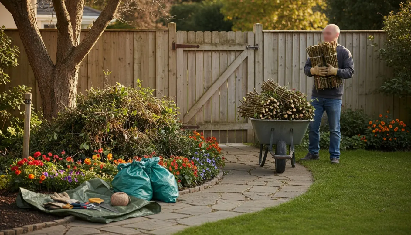 Hjælpere bærer bundter af hækaffald gennem en smal baggang mod vejen.