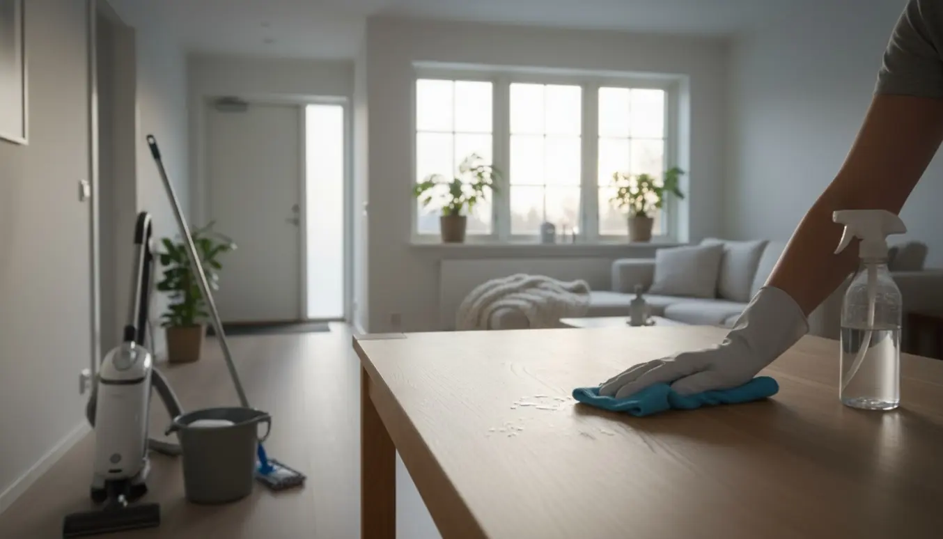 Nærbillede af rengøring i et lyst, skandinavisk privat hus med handsker, klud, støvsuger og moppe.