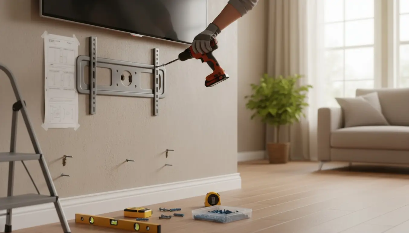 Nærbillede af en fladskærm, der monteres på to vægbeslag med boremaskine og værktøj.