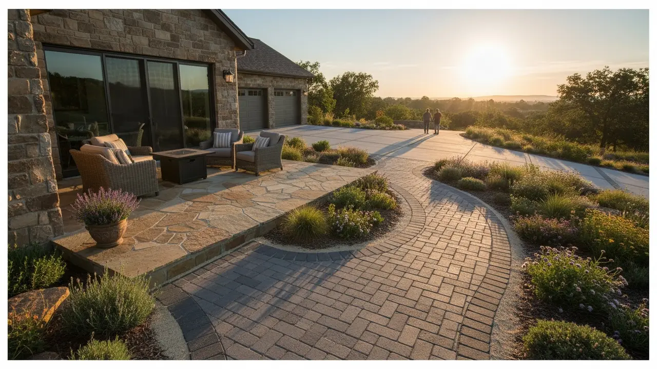 Færdig brolagt terrasse, sti og indkørsel med forskellige sten og mønstre.