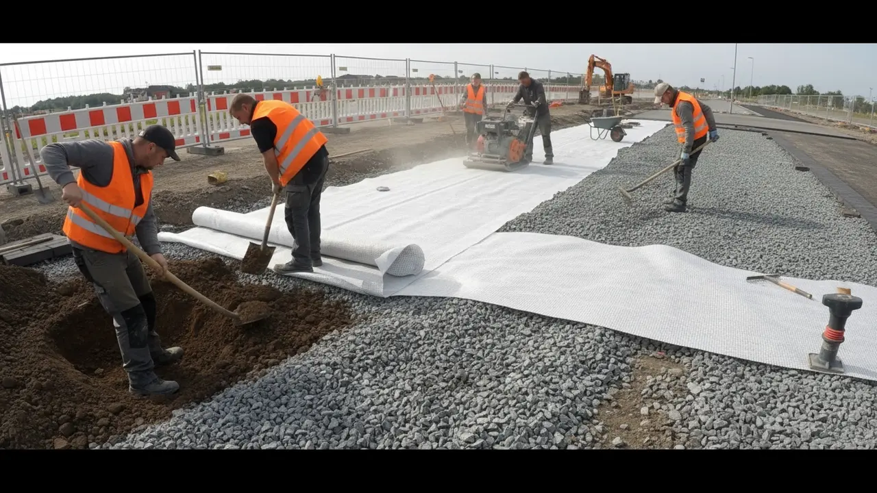 Forberedelse af underlag med geotekstil, gruslag og pladevibrator under arbejdet.