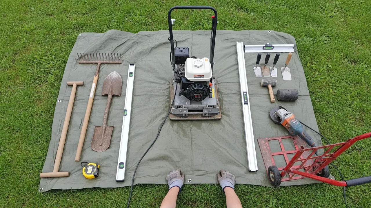 Oversigt over brolægningsværktøj: pladevibrator, gummiklods, måleværktøj og håndværktøj.