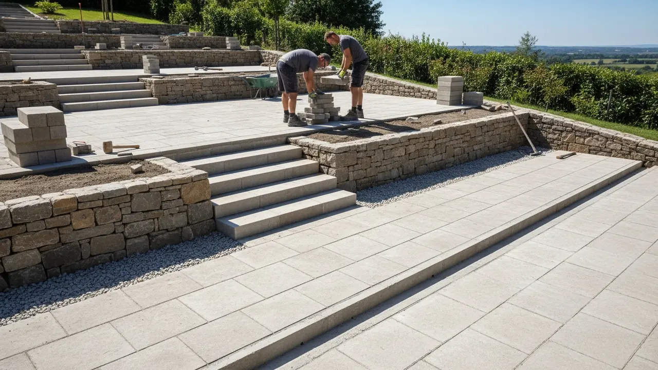 Brolægning på skråning med terrasser, kantsten og ru fliser for skridsikkerhed.