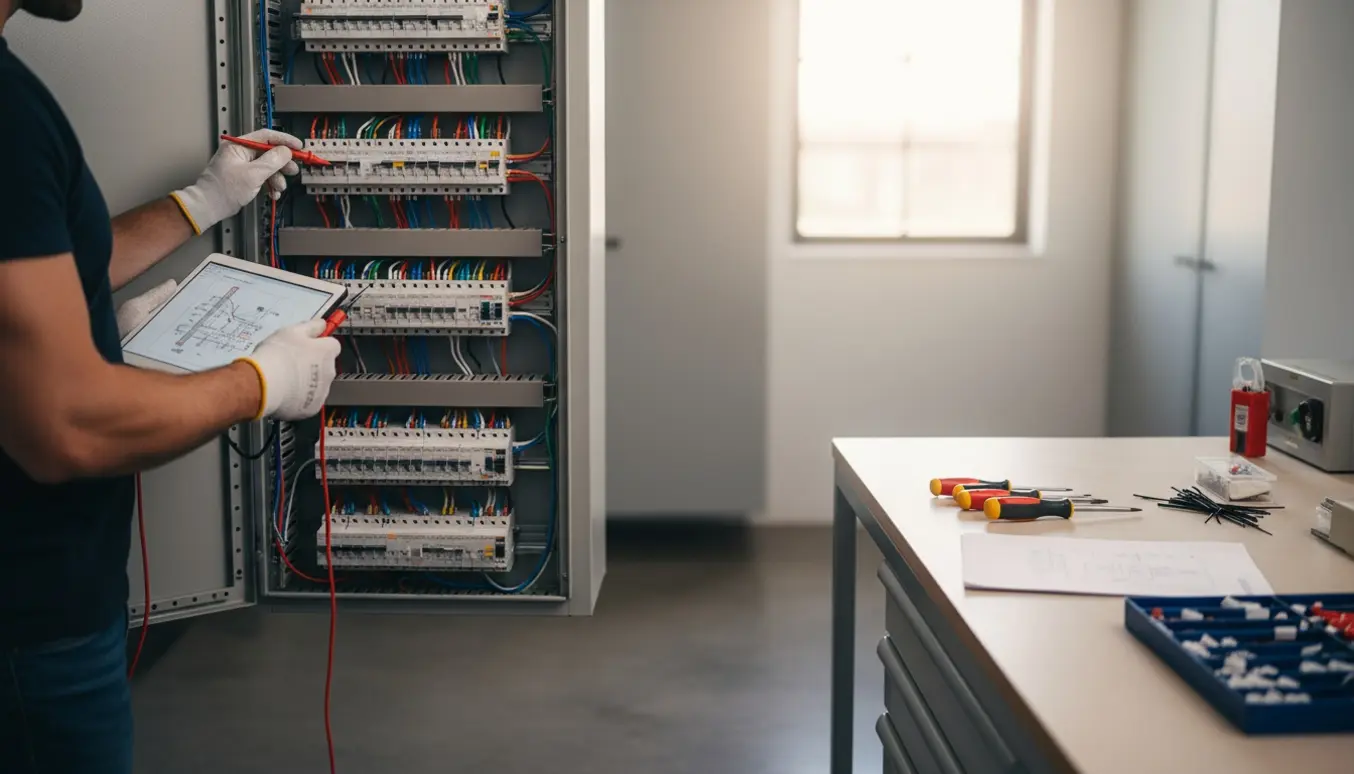 Elektrikers hænder tester en åben eltavle med måleudstyr og en tablet med rapport i et ryddeligt teknisk rum.
