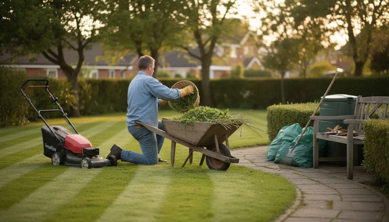 Friskklippet græs med en person set bagfra, en trillebør fyldt med haveaffald og haveredskaber ved siden af.