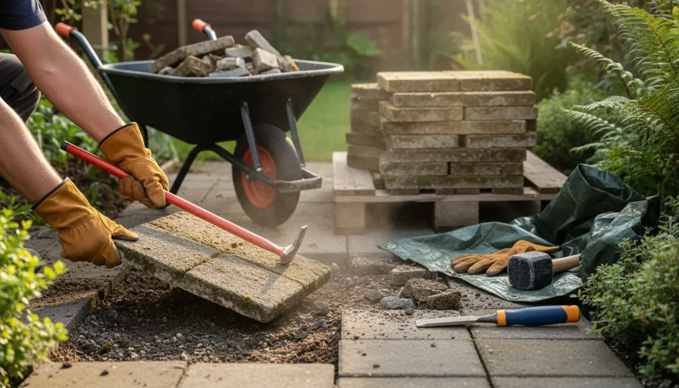 Nærbillede af handsker, der løfter gamle firkantede cementfliser fra en havegang med en trillebør og en stak fliser i baggrunden.