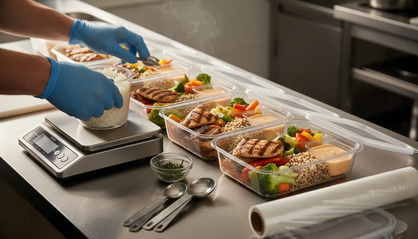 Nærbillede af hænder, der afvejer og portionerer måltider i klare madkasser i et lyst køkken.