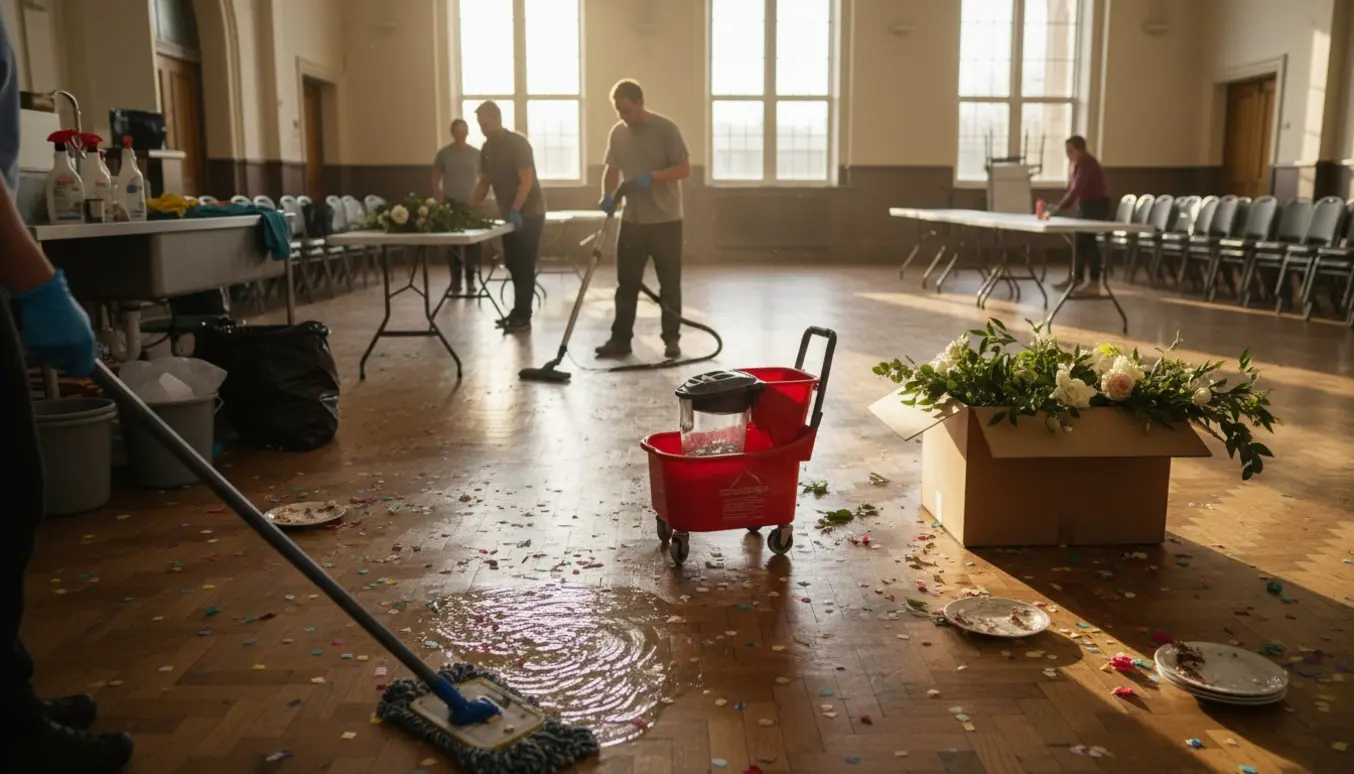 Rengøringspersoner mopper gulv og stabler stole i en skoleaula efter et bryllup.