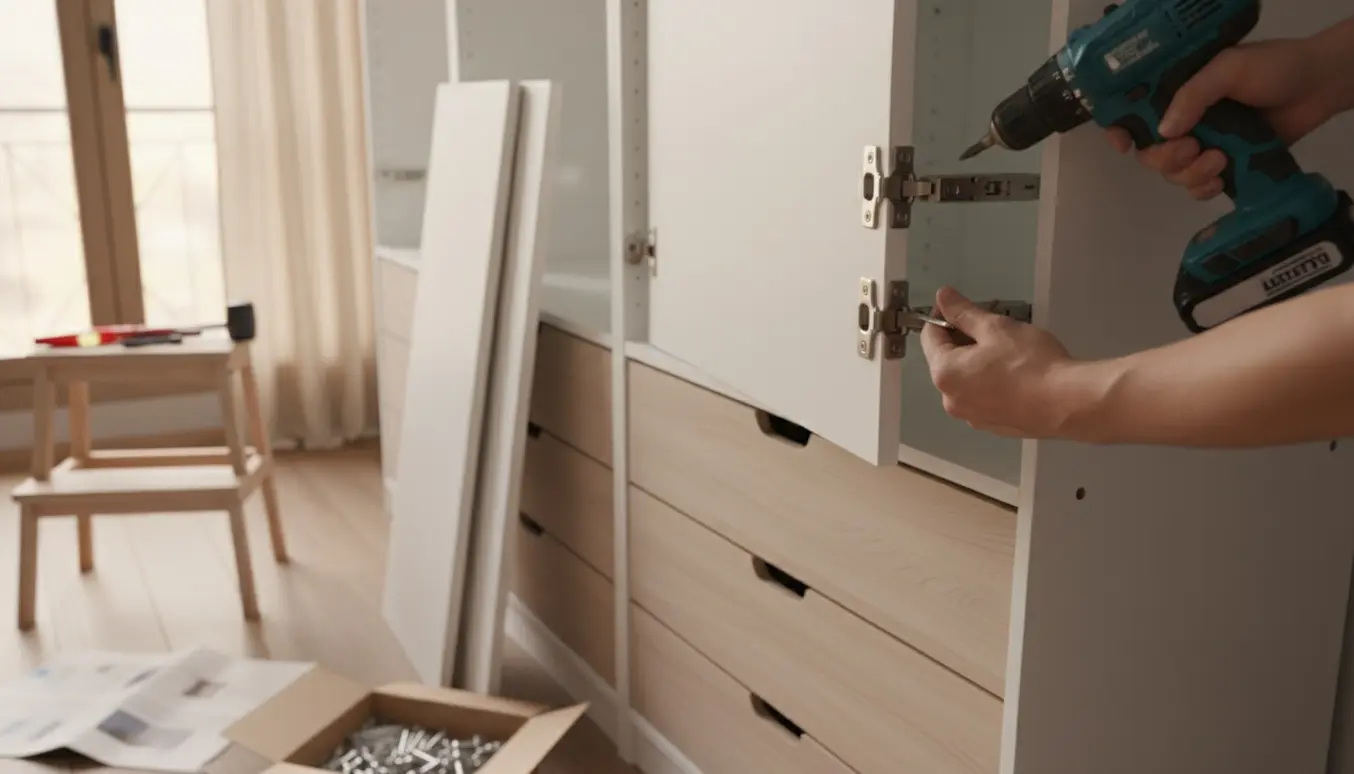 En person monterer et IKEA PAX-garderobeskab, mens ramme og låger bliver samlet og skufferne allerede er på plads.