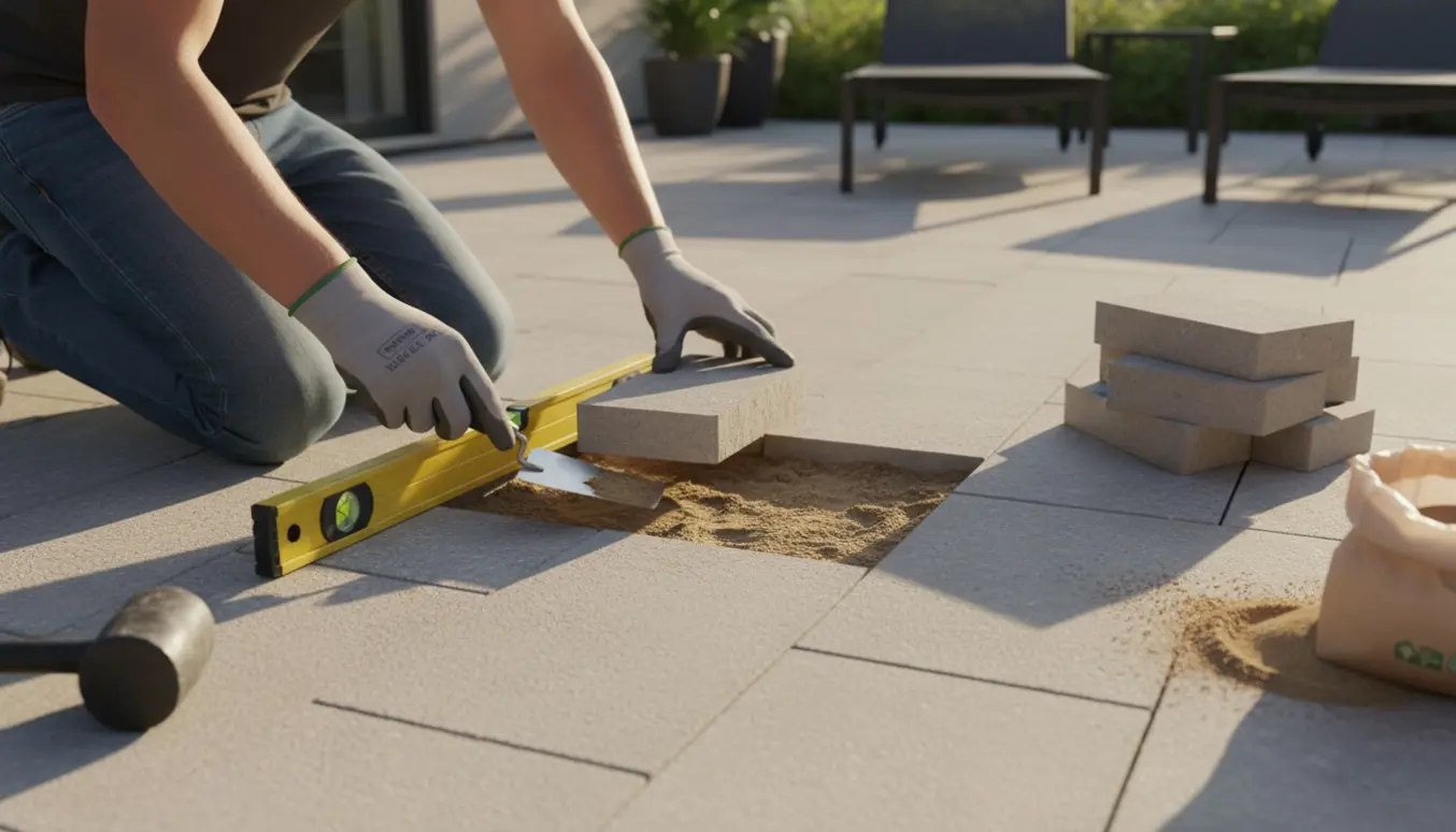 Nærbillede af hænder, der retter to rækker terrassesten med vaterpas, gummiklubbe og nyt sand.