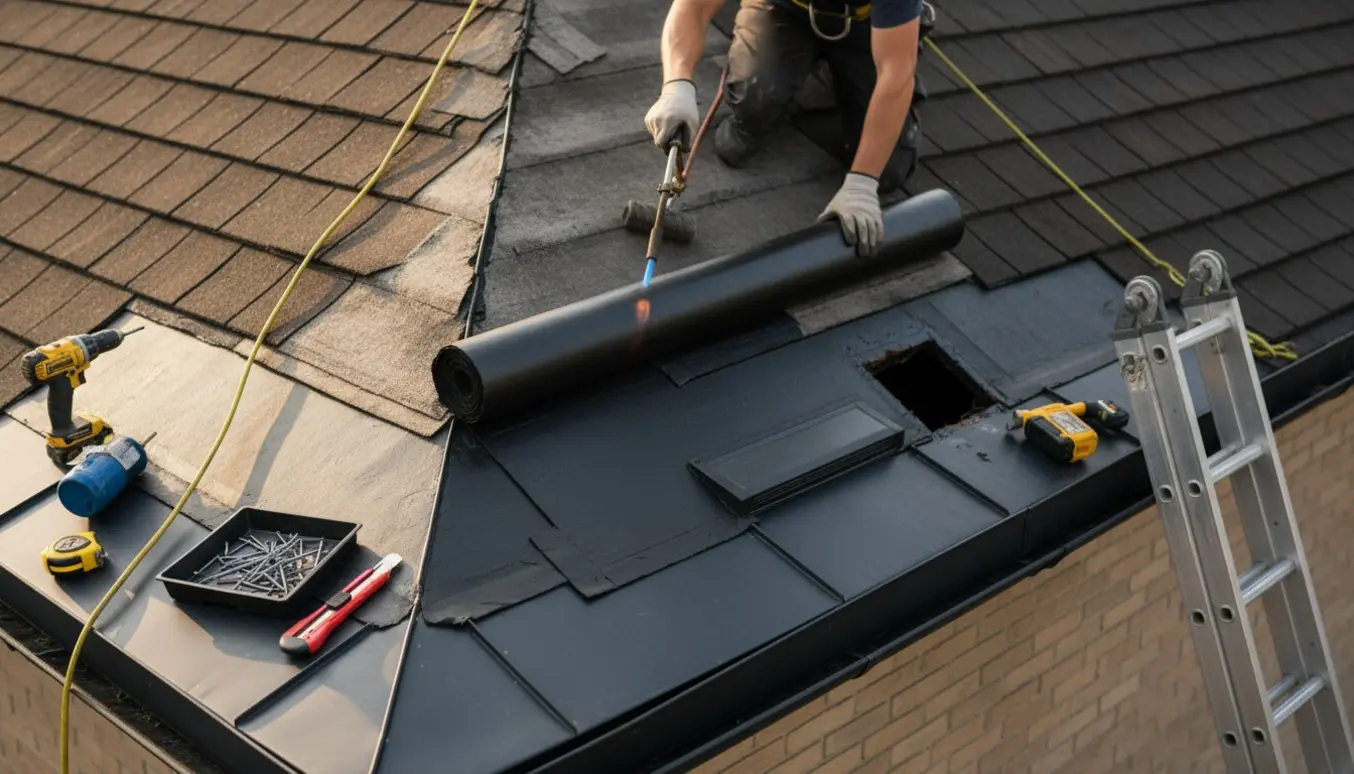 Nyt tagpap rulles og tørrer fast oven på et gammelt tag, mens en ny taghætter og kantbeslag monteres.