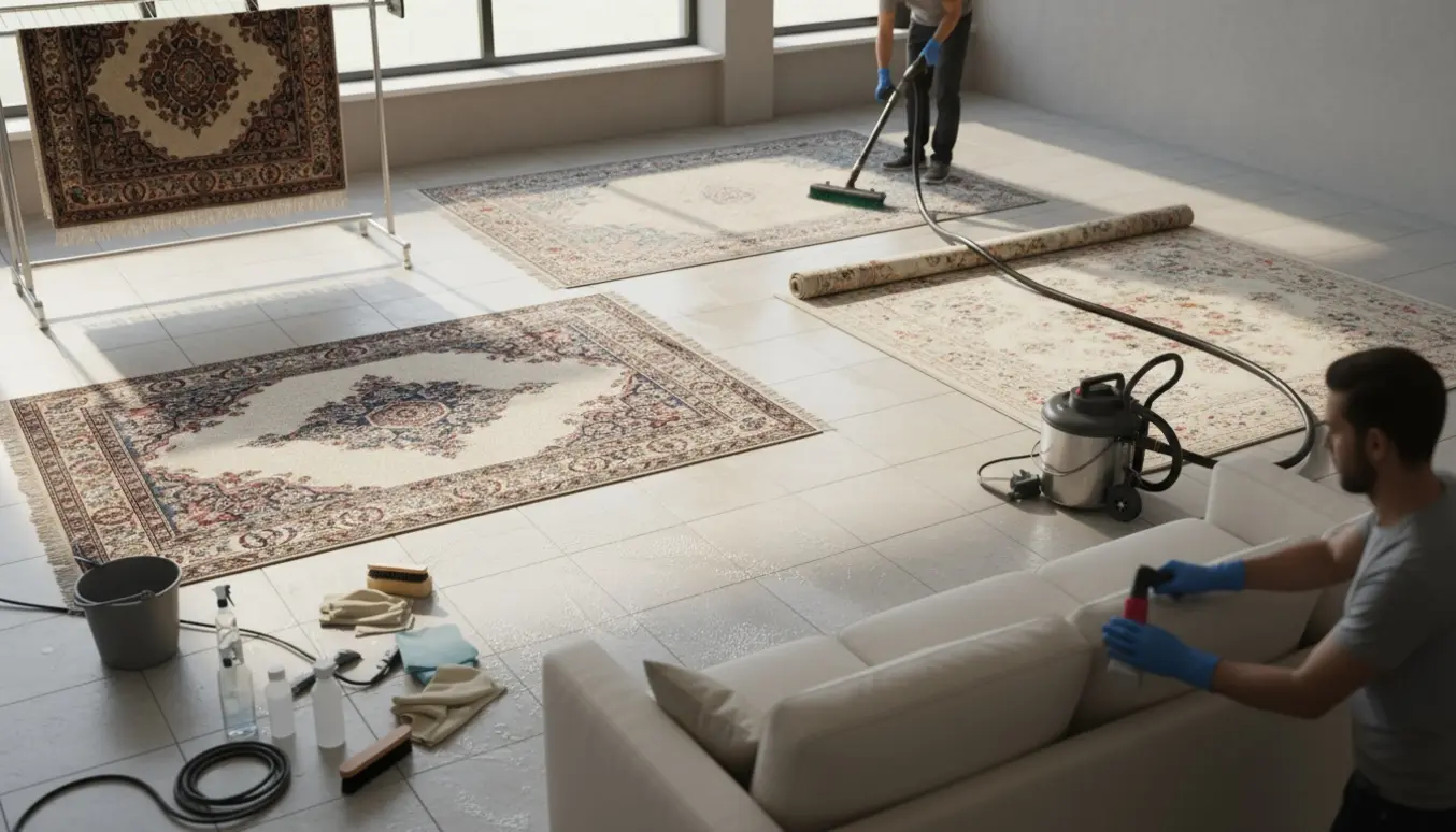 Fire forskellige tæpper og en 3-personers sofa under rengøring med tæpperenser og polstermaskine i et lyst rum.