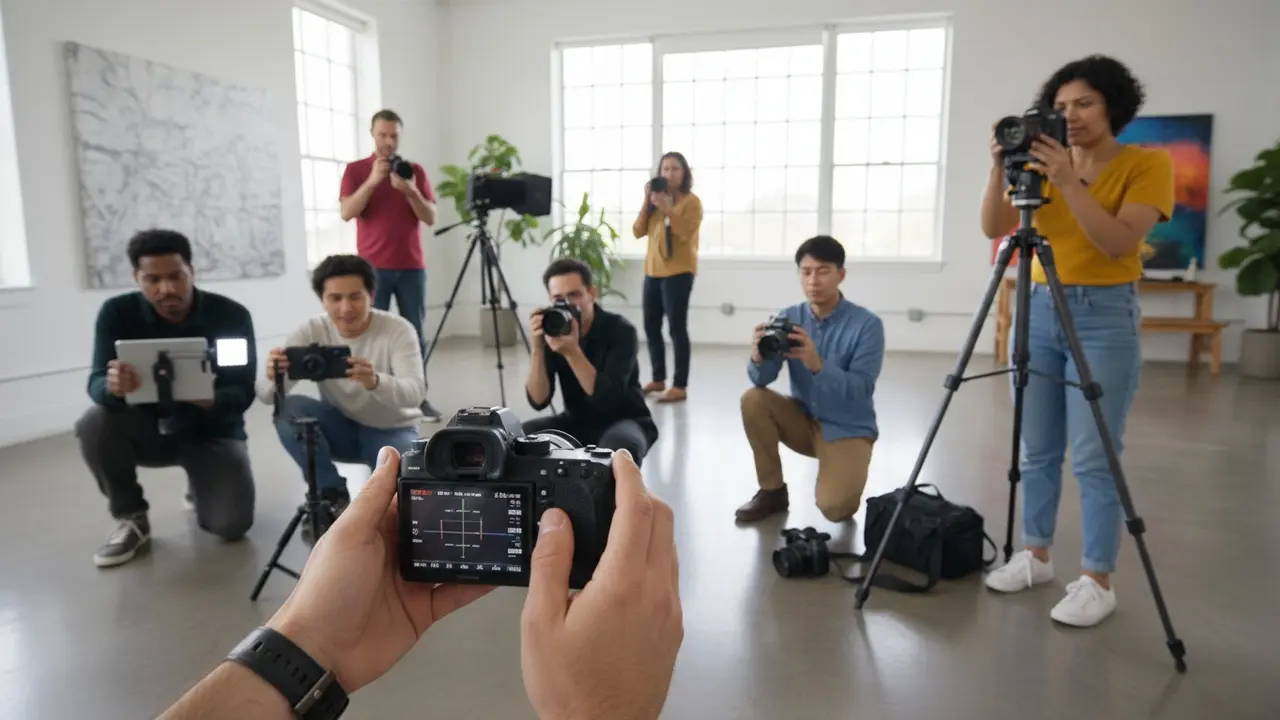 Forskellige fotografer med kameraer og udstyr i moderne, lyst miljø