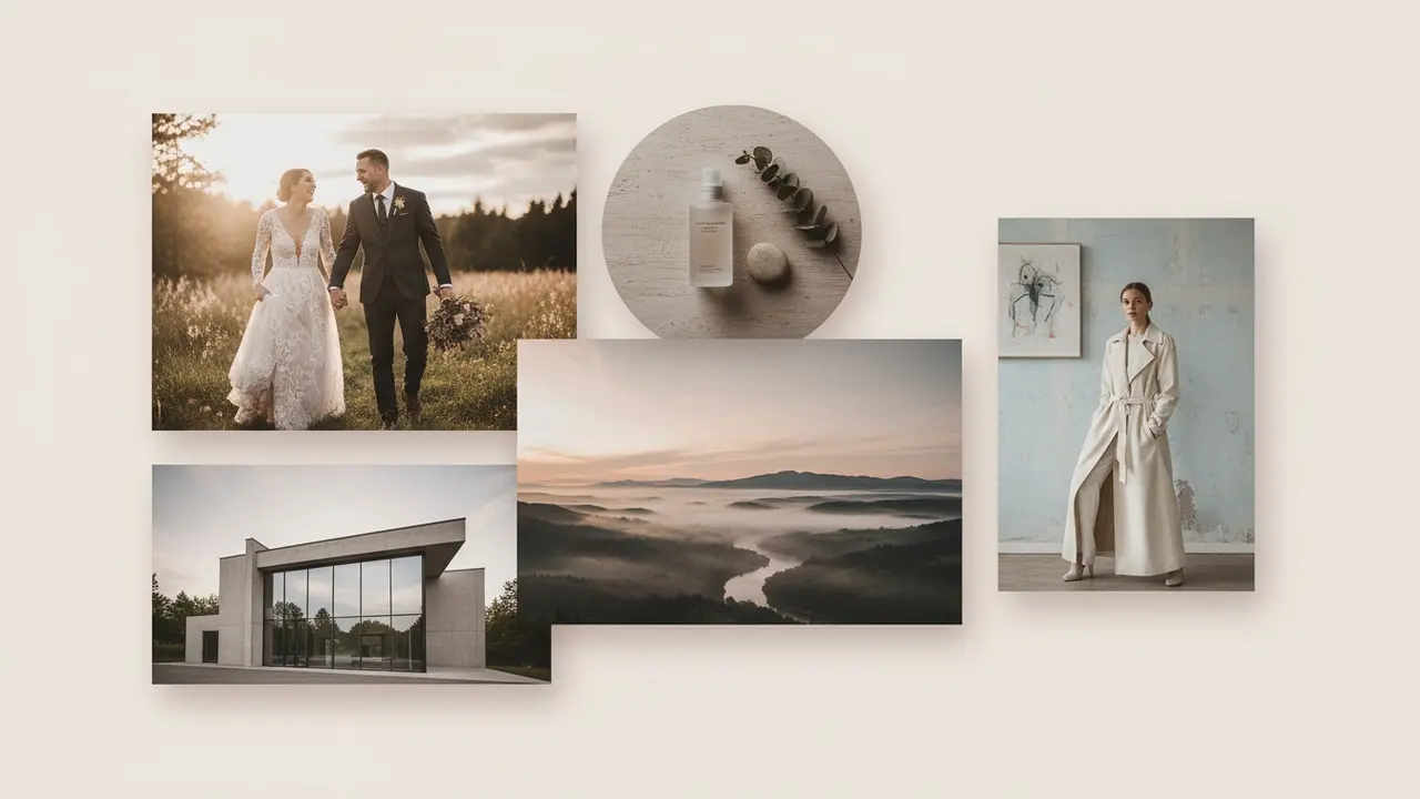 Collage af bryllup, produkt, mode, arkitektur og landskab som fotografityper