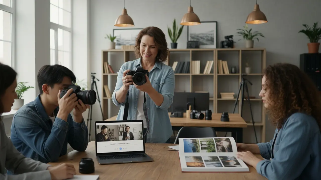 Undervisning og læring: elev med kamera, instruktør og portfolio i undervisningsmiljø