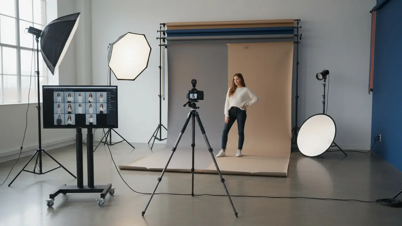 Indre af fotostudie med baggrunde, lysudstyr, kamera og model under optagelse