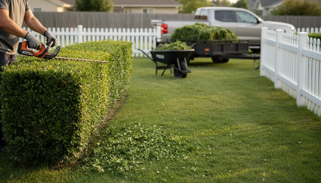 Hækkeklipning i en lille have med friskt klippet hæk og afklip samlet klar til bortkørsel.