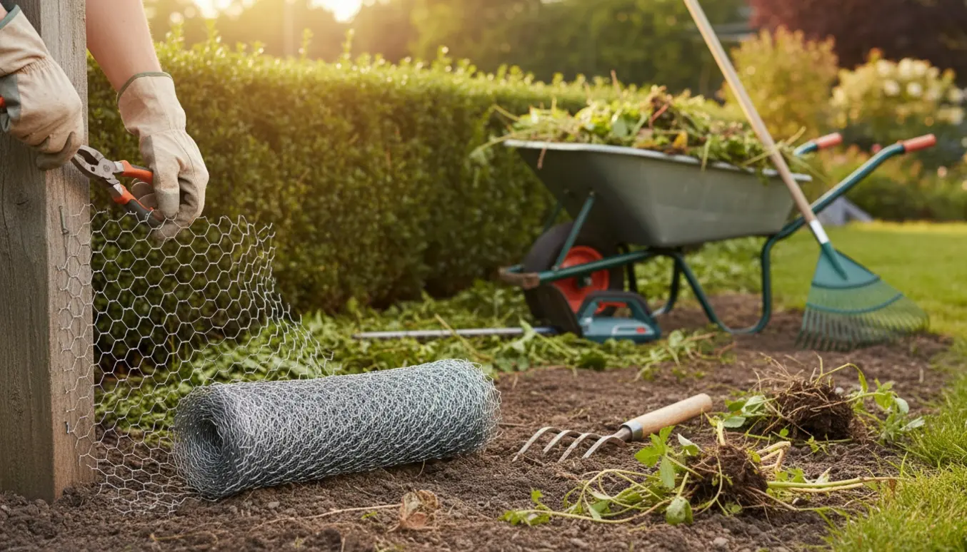 Handsker fastgør hønsenet til en træpæl foran en nyklippet hæk og opsamlet ukrudt.