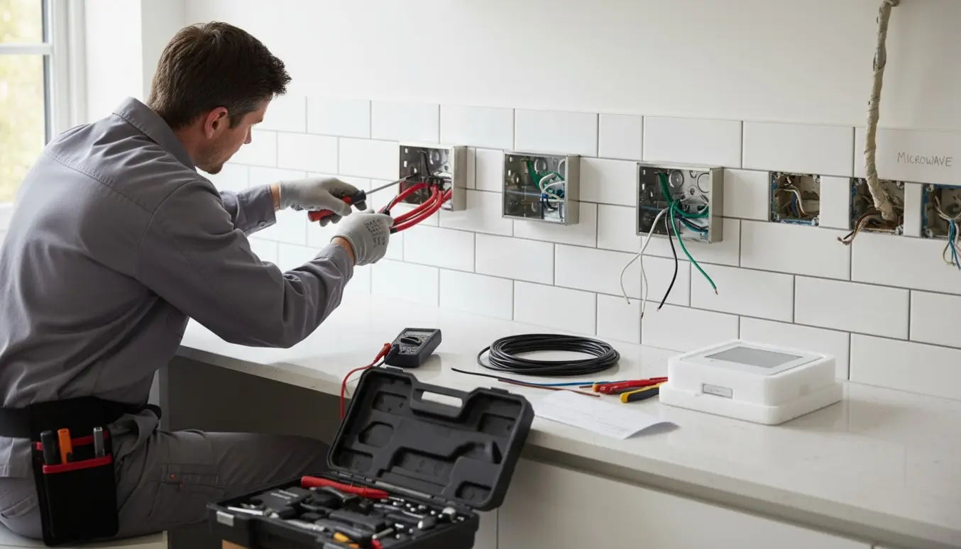 Elektriker arbejder i et moderne køkken med åbne stikkontakter, nye kabler og værktøj på bordet.
