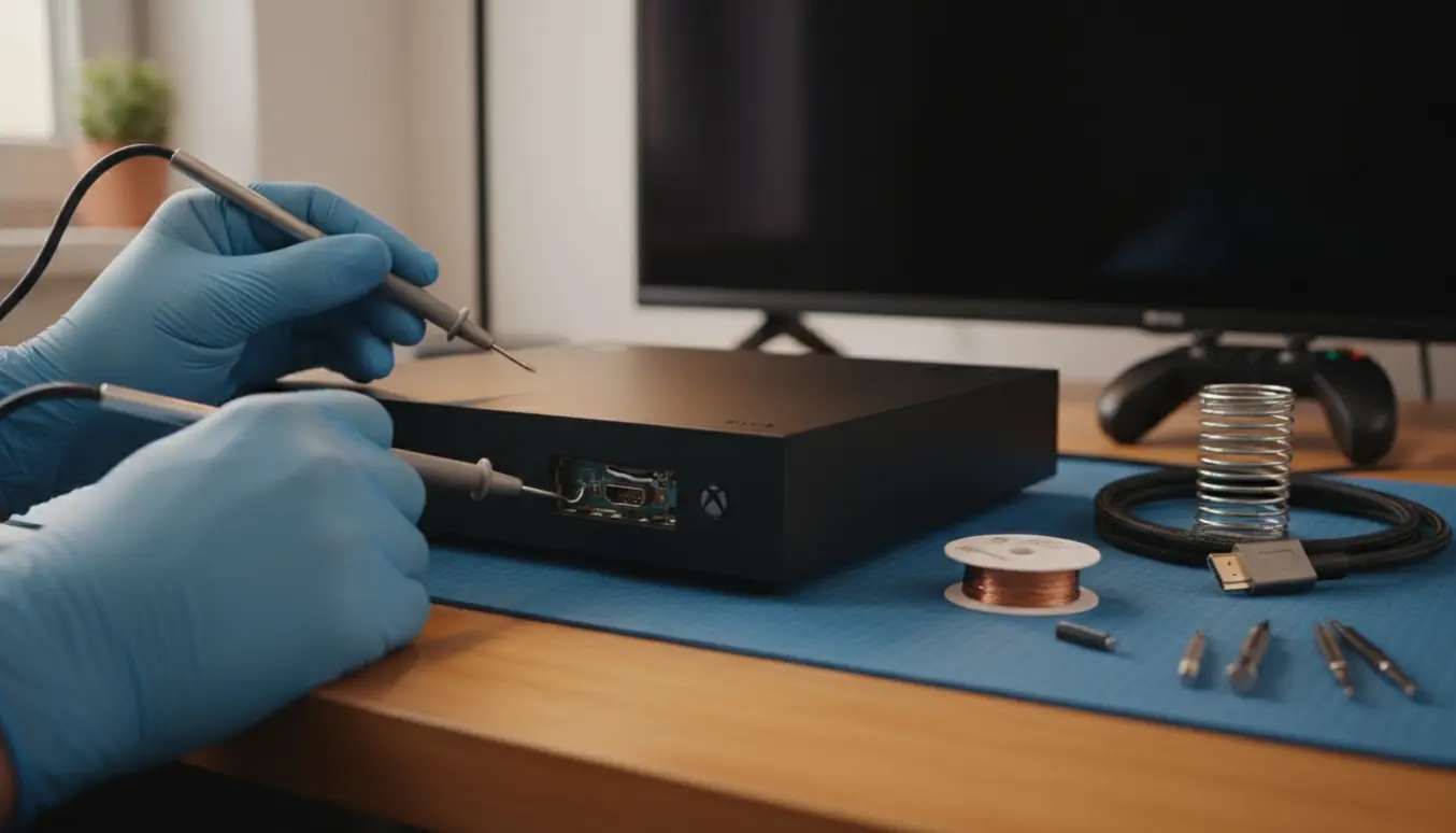 Nærbillede af en Xbox One X-konsol på et arbejdsbord med en åben HDMI-port, multimeter, loddeudstyr og hænder, der undersøger porten.