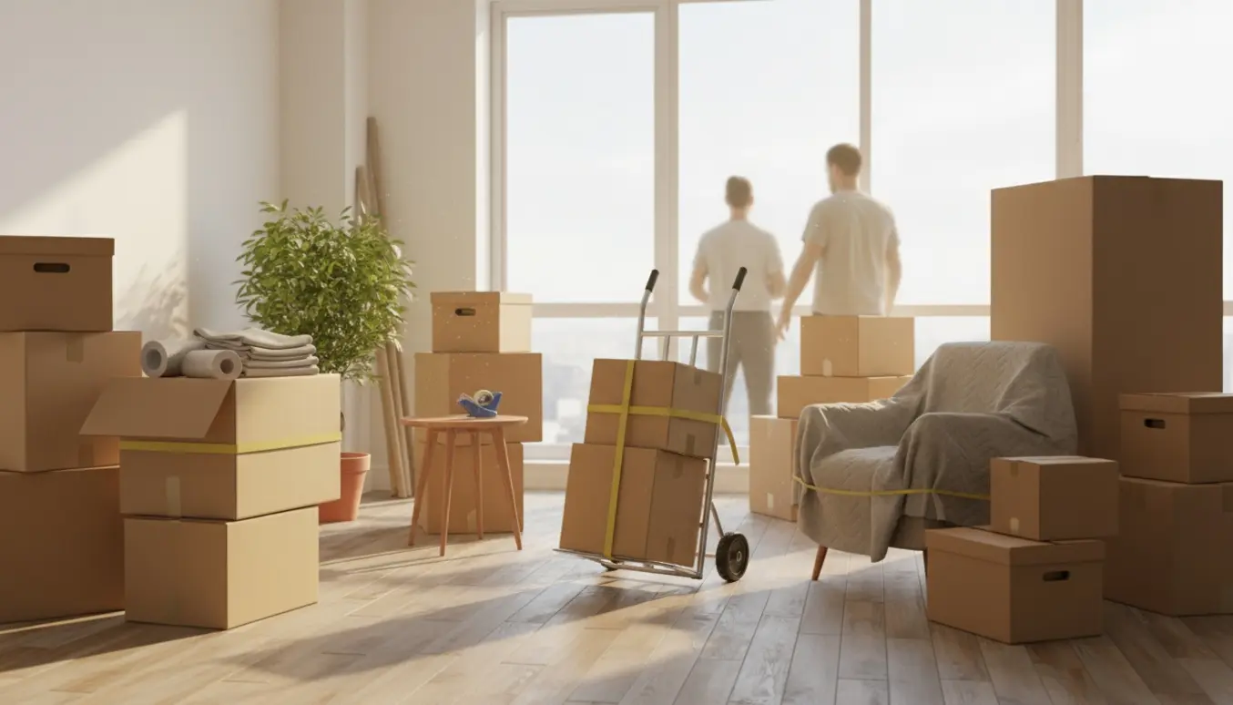 Flyttekasser, små møbler og pakkematerialer i en lys stue klar til flytning.