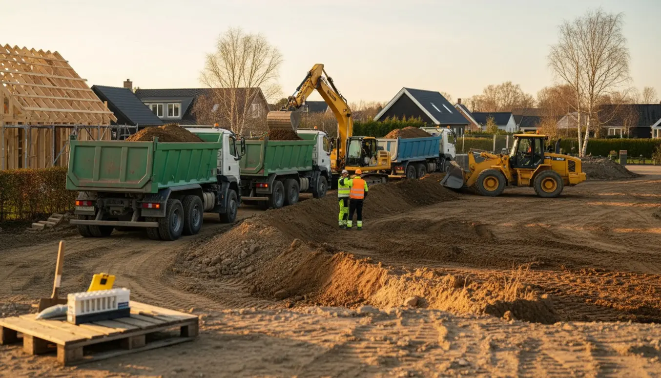 Gravemaskine læsser ren jord op i tipvogne ved et boligbyggeri i en forstad.