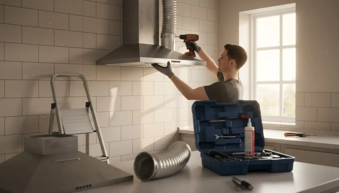 Ny væghængt emhætte monteres med flexrør, mens den beskadigede emhætte afmonteres.