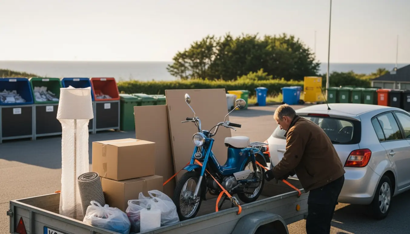 Scooter og store papkasser læsses på trailer ved en genbrugsplads nær Humlebæk.