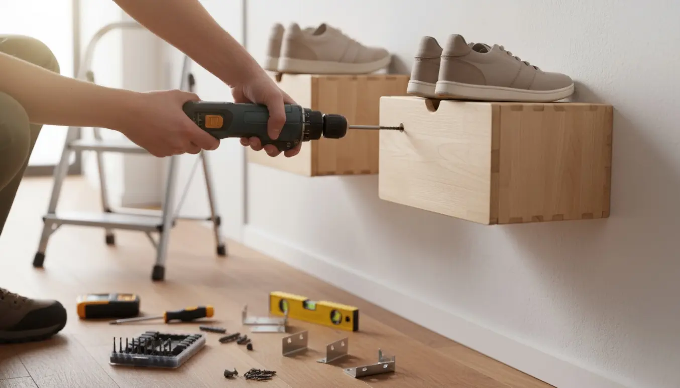To væghængte skokasser monteres i en lys entré med værktøj og et vaterpas på gulvet.