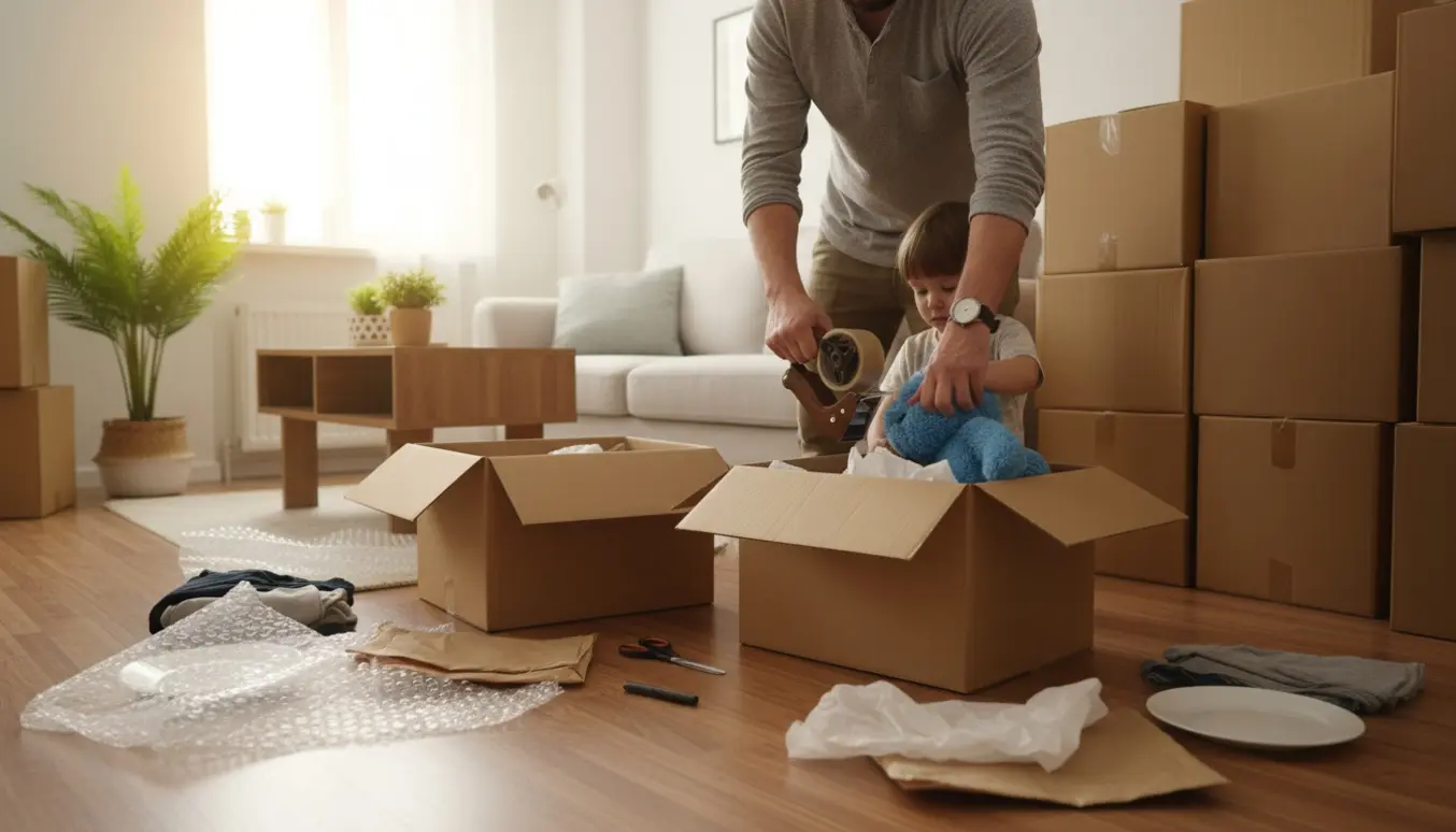 Solbeskinnet stue med stabler af flyttekasser og hænder, der pakker ting ned i kasser.