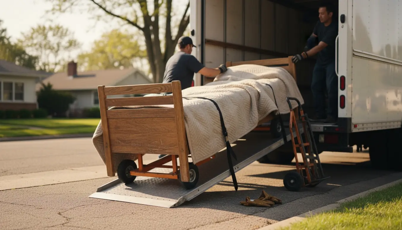 En skibsseng pakket i flyttetæpper bliver læsset ind i en ubrandet flyttebil ved fortovet.