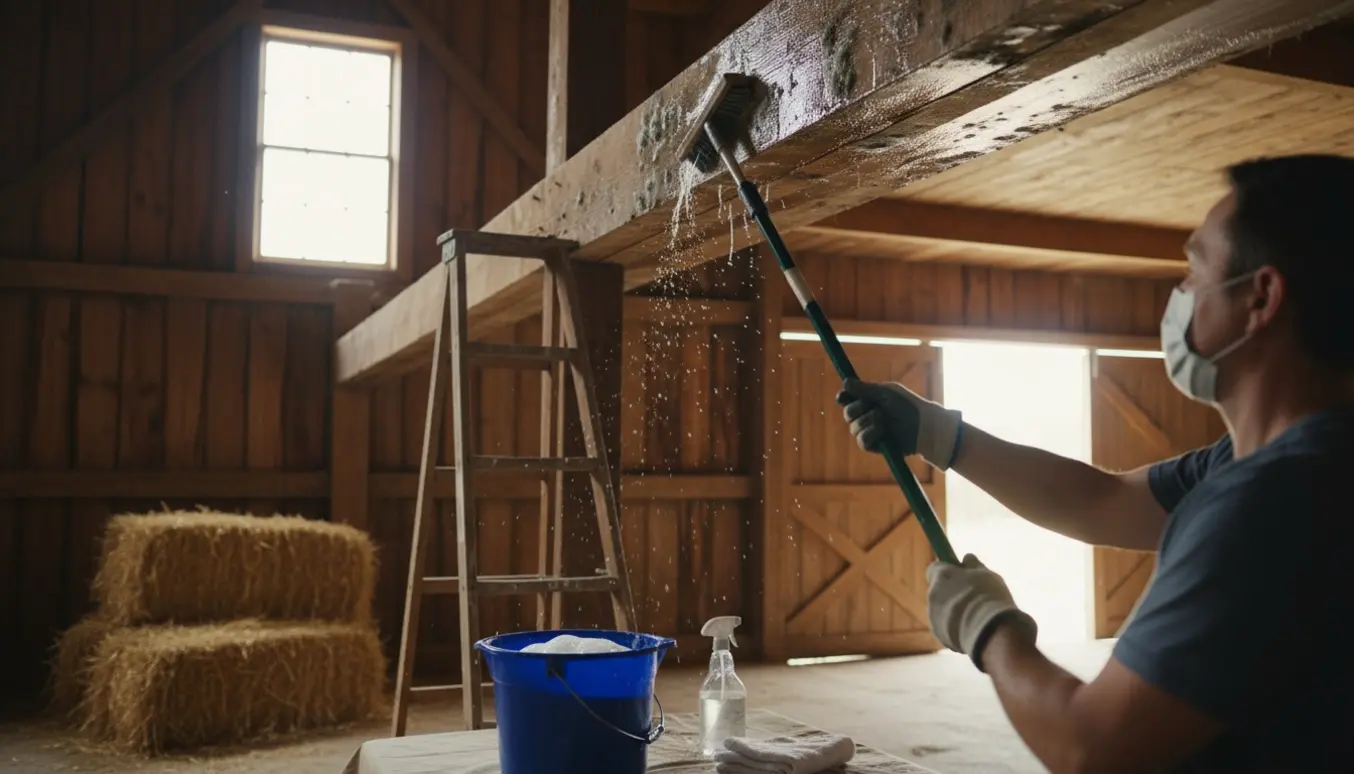 Person på stige vasker mug fra et træloft i en stald med balje og børste i forgrunden.