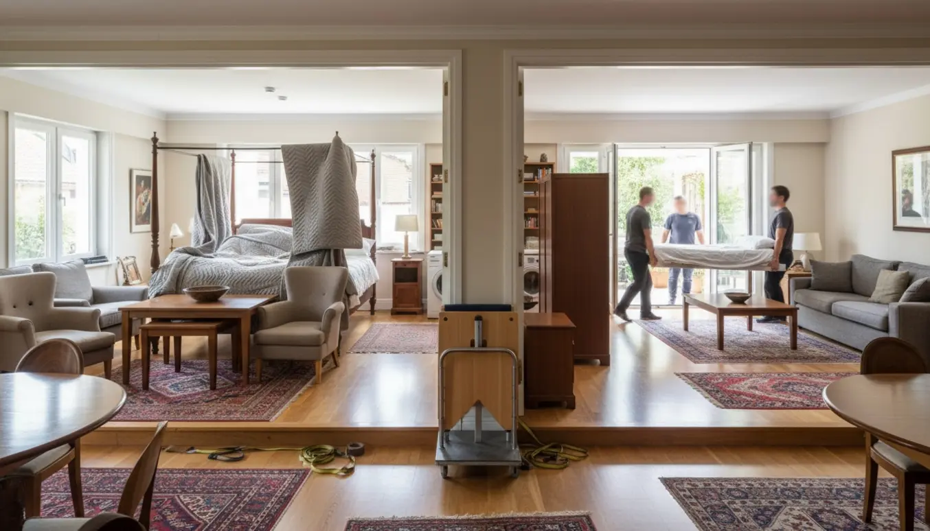 To personer bærer en firestolpet dobbeltseng gennem en åben dør mellem to stuer med møbler, tæpper og sammenfoldede massageborde.