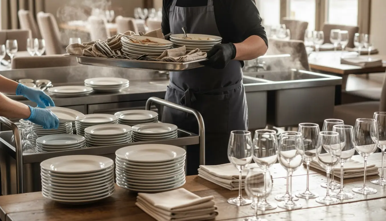 Serveringspersonale rydder og transporterer stabler af tallerkener og glas efter et større selskab.