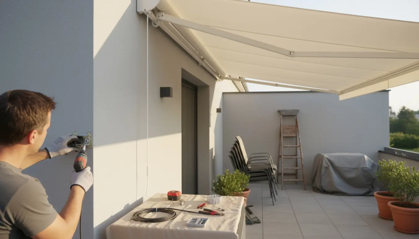 Håndværker tilslutter el til en motoriseret markise over en terrasse.