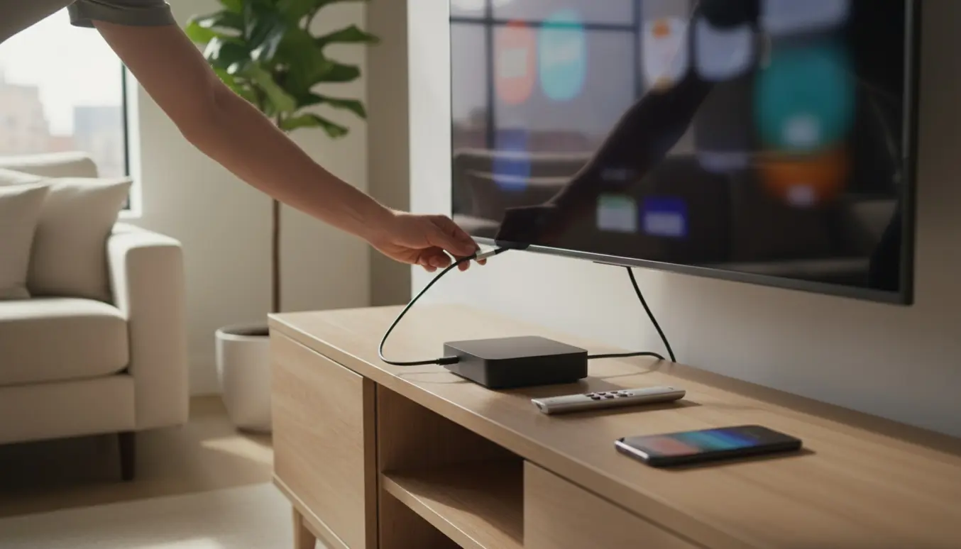 Hænder tilslutter Apple TV under et fjernsyn i en lys, moderne stue.