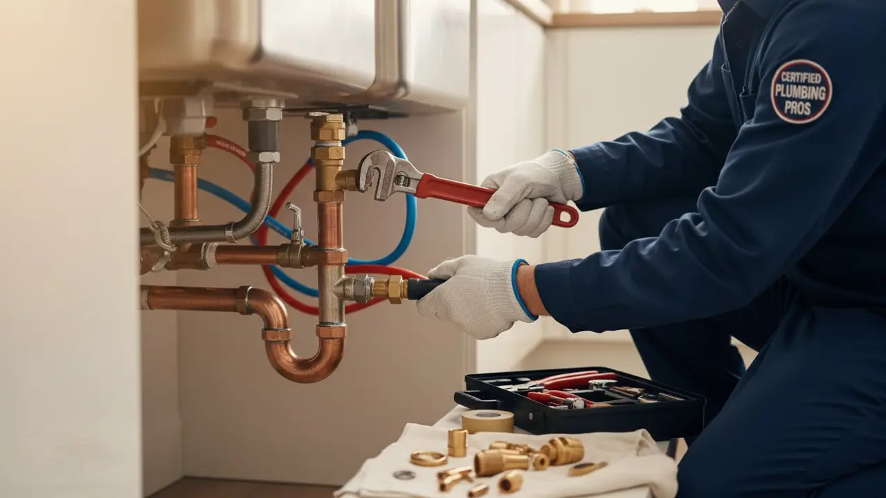 VVS'er arbejder under køkkenvask med rør og værktøj