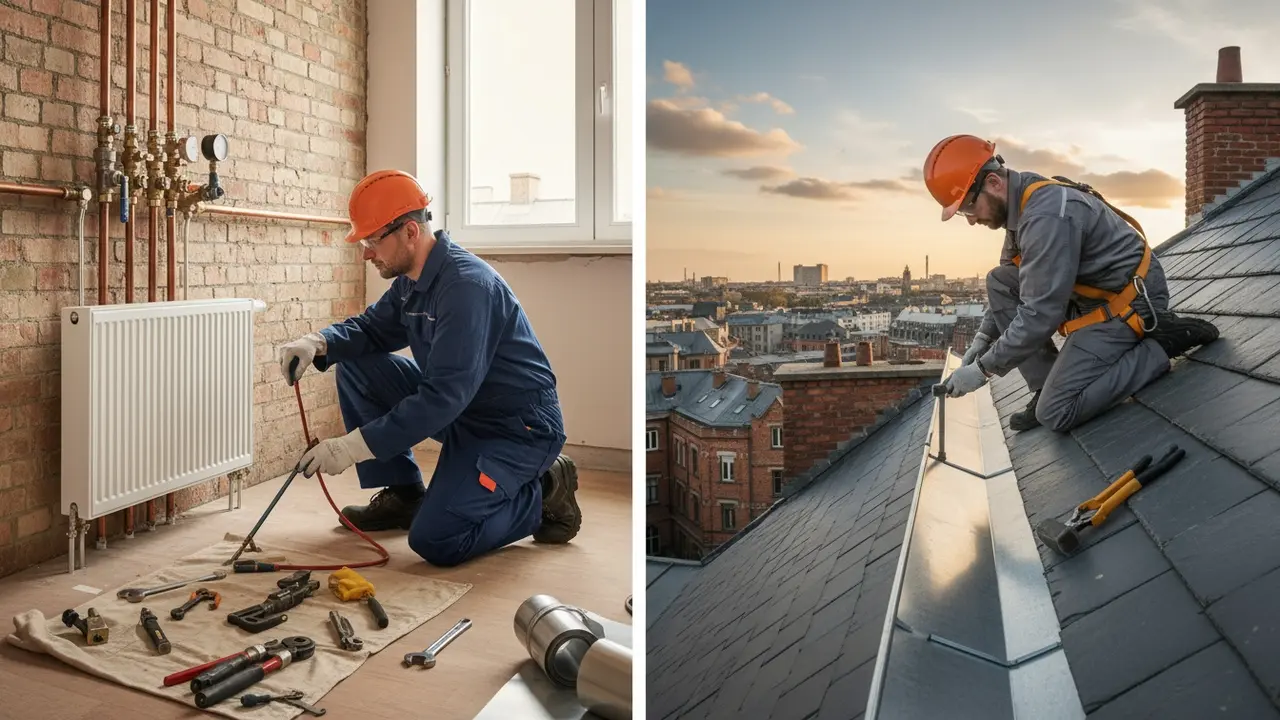 Indendørs VVS-arbejde ved radiator og blikkenslager monterer tagrende
